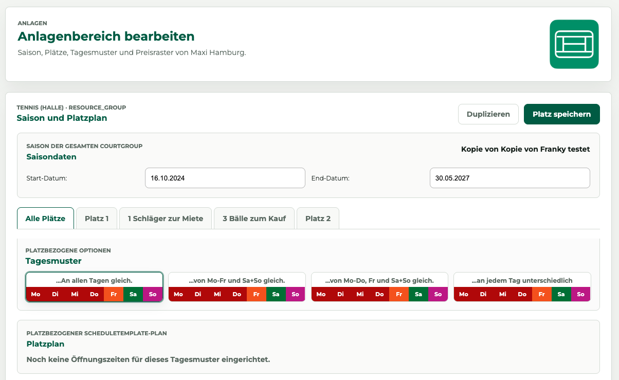 Übersicht Anlagen-Modul mit Tabs für Anlagen, Saisons und Plätze